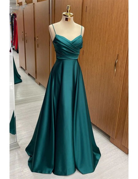 Slim Long Green Satin Aline Prom Dress With Straps