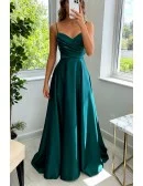 Slim Long Green Satin Aline Prom Dress With Straps