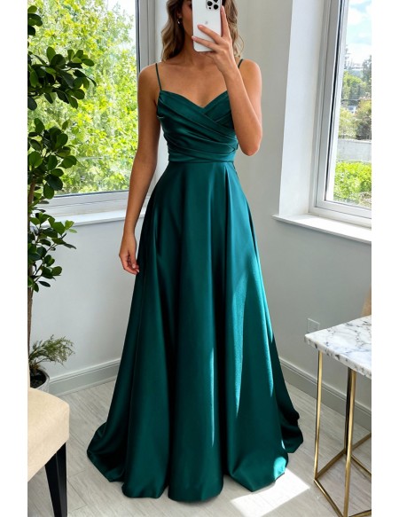 Slim Long Green Satin Aline Prom Dress With Straps