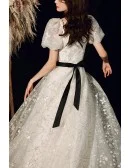 White Flowers Long Tulle Aline Prom Dress With Bubble Sleeves