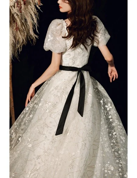 White Flowers Long Tulle Aline Prom Dress With Bubble Sleeves