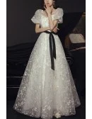 White Flowers Long Tulle Aline Prom Dress With Bubble Sleeves