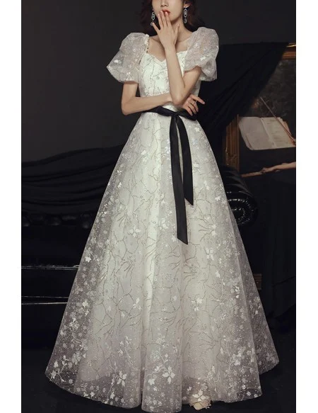 White Flowers Long Tulle Aline Prom Dress With Bubble Sleeves