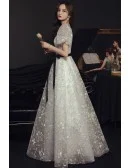 White Flowers Long Tulle Aline Prom Dress With Bubble Sleeves