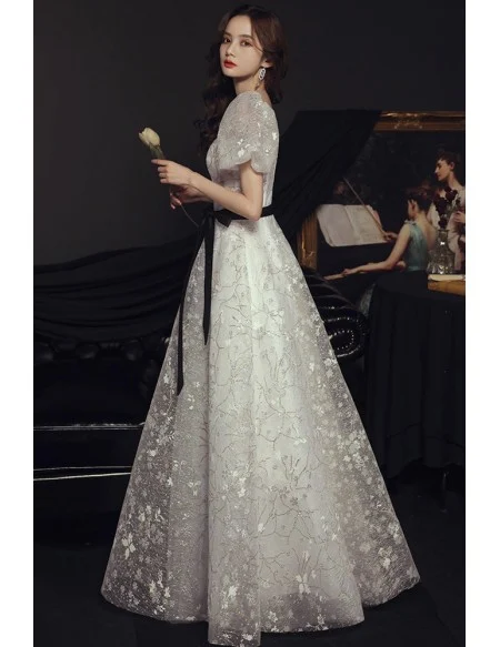 White Flowers Long Tulle Aline Prom Dress With Bubble Sleeves