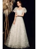White Flowers Long Tulle Aline Prom Dress With Bubble Sleeves