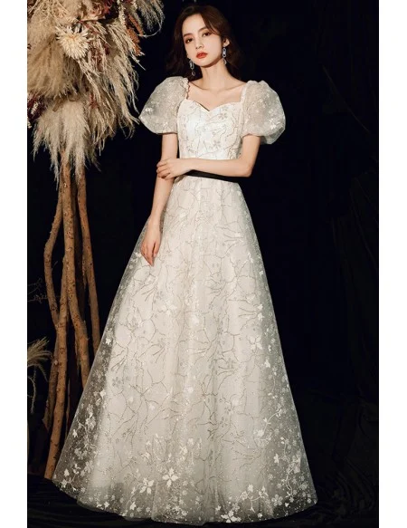 White Flowers Long Tulle Aline Prom Dress With Bubble Sleeves
