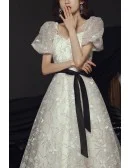 White Flowers Long Tulle Aline Prom Dress With Bubble Sleeves