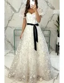 White Flowers Long Tulle Aline Prom Dress With Bubble Sleeves
