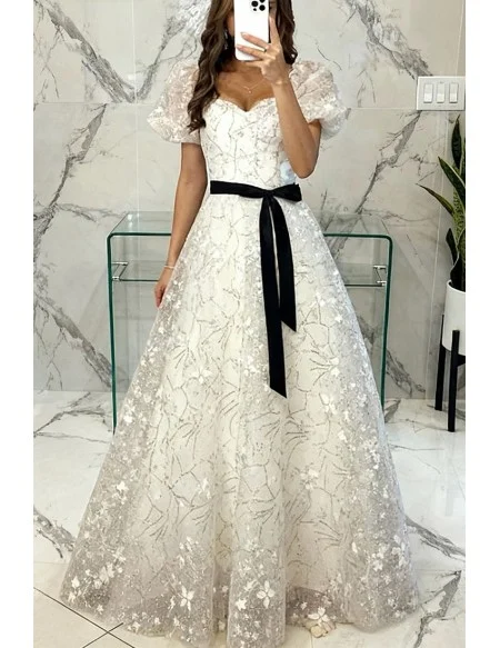 White Flowers Long Tulle Aline Prom Dress With Bubble Sleeves