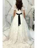 White Flowers Long Tulle Aline Prom Dress With Bubble Sleeves