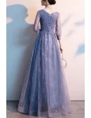 Bling Blue Tulle Aline Long Prom Dress With Sheer Sleeves