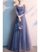 Bling Blue Tulle Aline Long Prom Dress With Sheer Sleeves