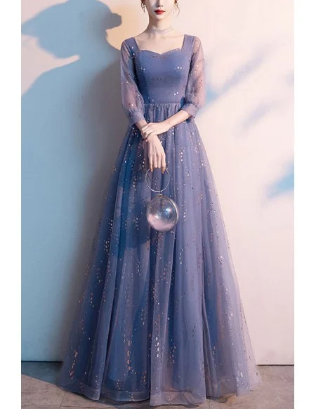 Bling Blue Tulle Aline Long Prom Dress With Sheer Sleeves