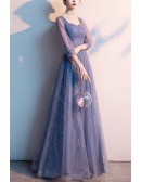 Bling Blue Tulle Aline Long Prom Dress With Sheer Sleeves