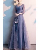 Bling Blue Tulle Aline Long Prom Dress With Sheer Sleeves