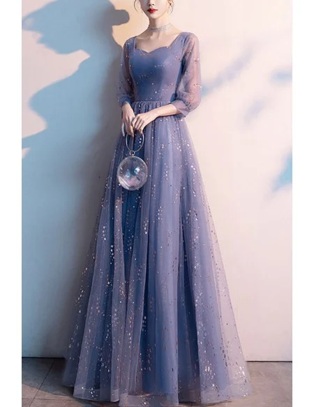 Bling Blue Tulle Aline Long Prom Dress With Sheer Sleeves