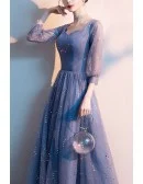 Bling Blue Tulle Aline Long Prom Dress With Sheer Sleeves