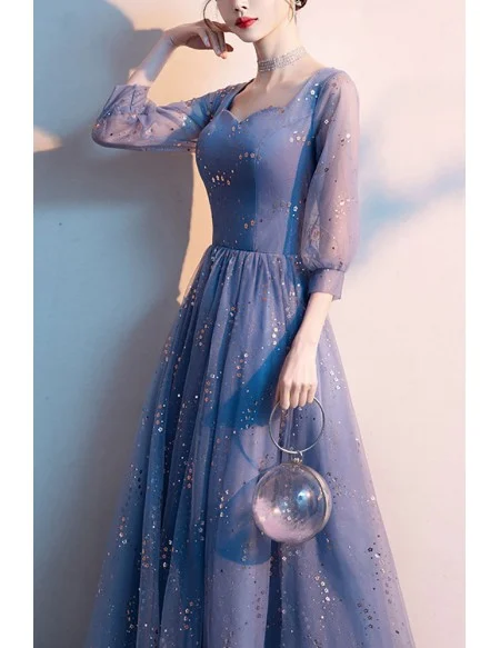 Bling Blue Tulle Aline Long Prom Dress With Sheer Sleeves