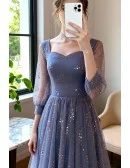 Bling Blue Tulle Aline Long Prom Dress With Sheer Sleeves