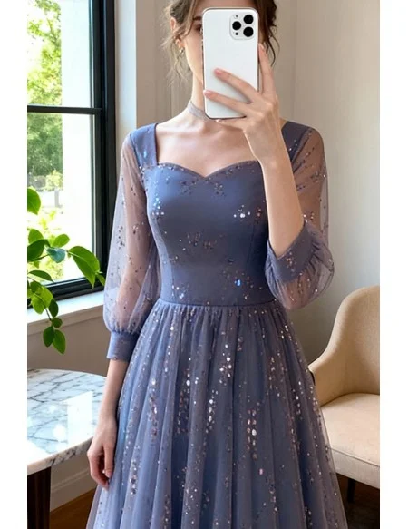 Bling Blue Tulle Aline Long Prom Dress With Sheer Sleeves