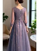 Bling Blue Tulle Aline Long Prom Dress With Sheer Sleeves