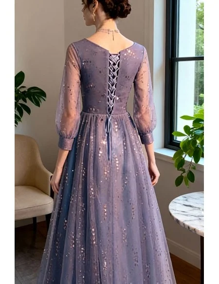 Bling Blue Tulle Aline Long Prom Dress With Sheer Sleeves