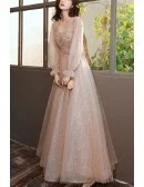 Modest Champagne Bling Tulle Prom Dress With Sleeves