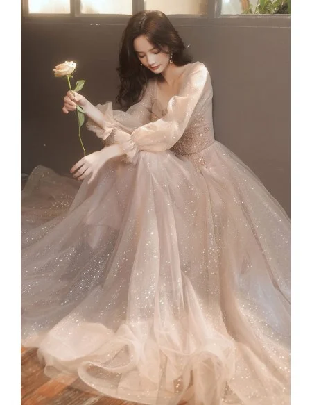 Modest Champagne Bling Tulle Prom Dress With Sleeves