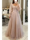 Modest Champagne Bling Tulle Prom Dress With Sleeves