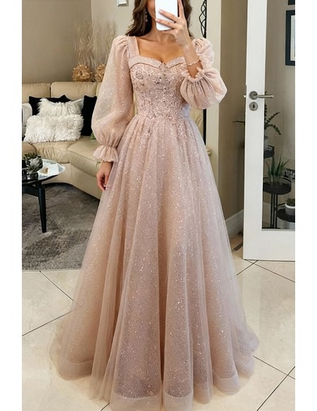 Modest Champagne Bling Tulle Prom Dress With Sleeves