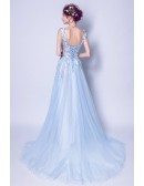 Elegant V-neck Light Blue Prom Dress Long With Floral Beading