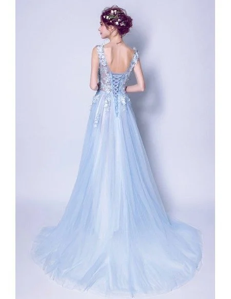 Elegant V-neck Light Blue Prom Dress Long With Floral Beading
