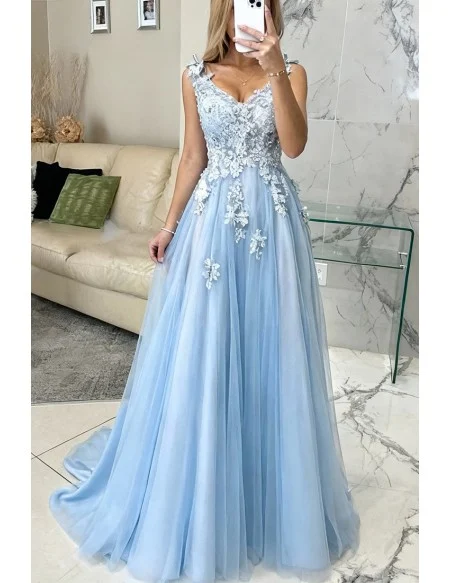 Elegant V-neck Light Blue Prom Dress Long With Floral Beading