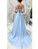 Elegant V-neck Light Blue Prom Dress Long With Floral Beading