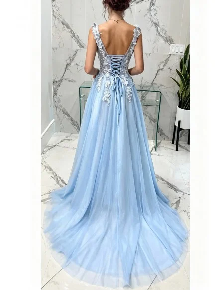 Elegant V-neck Light Blue Prom Dress Long With Floral Beading