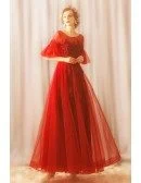 Modest Long Red Tulle A Line Party Dress With Sleeves Lace Up