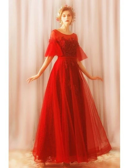 Modest Long Red Tulle A Line Party Dress With Sleeves Lace Up