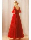 Modest Long Red Tulle A Line Party Dress With Sleeves Lace Up