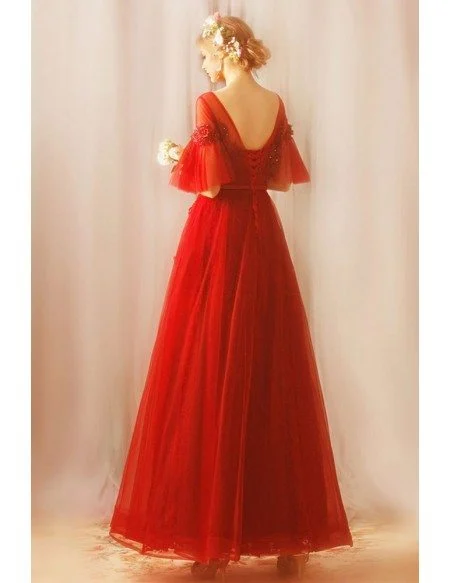 Modest Long Red Tulle A Line Party Dress With Sleeves Lace Up