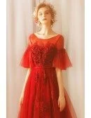 Modest Long Red Tulle A Line Party Dress With Sleeves Lace Up