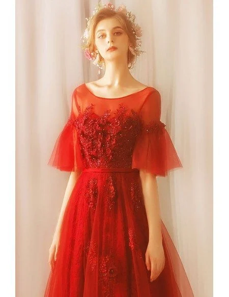 Modest Long Red Tulle A Line Party Dress With Sleeves Lace Up