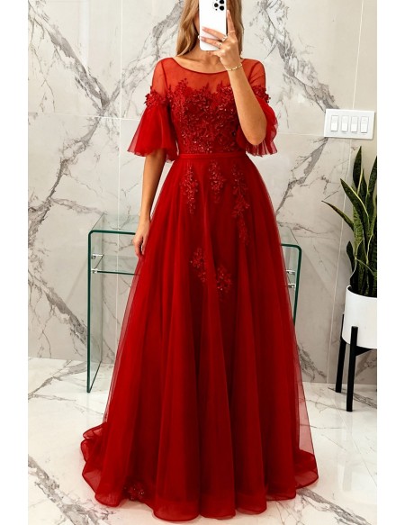 Modest Long Red Tulle A Line Party Dress With Sleeves Lace Up