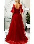 Modest Long Red Tulle A Line Party Dress With Sleeves Lace Up