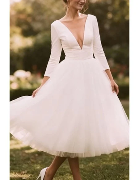 Retro White Tea Length Wedding Dress With Long Sleeves And V-Neck