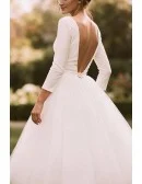 Retro White Tea Length Wedding Dress With Long Sleeves And V-Neck