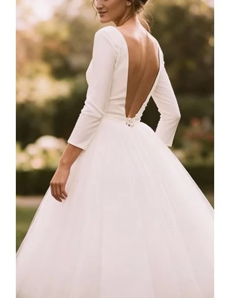 Retro White Tea Length Wedding Dress With Long Sleeves And V-Neck