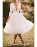 Retro White Tea Length Wedding Dress With Long Sleeves And V-Neck