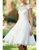 Romantic Ivory Lace Cap Sleeved Wedding Dress Featuring Scalloped Hem