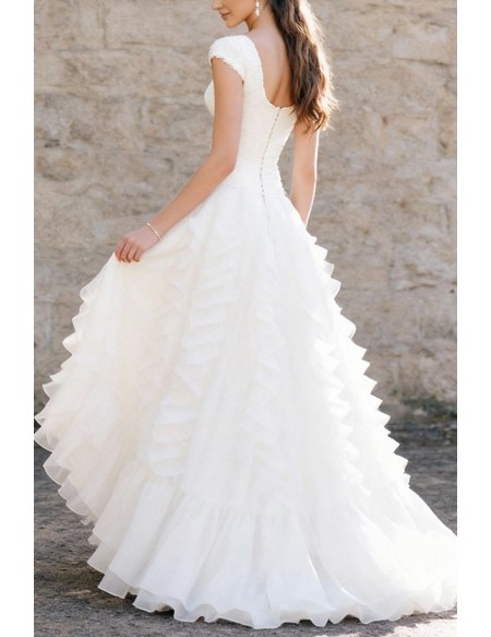 Gorgeous White Ruffled Wedding Dress With Cap Sleeves